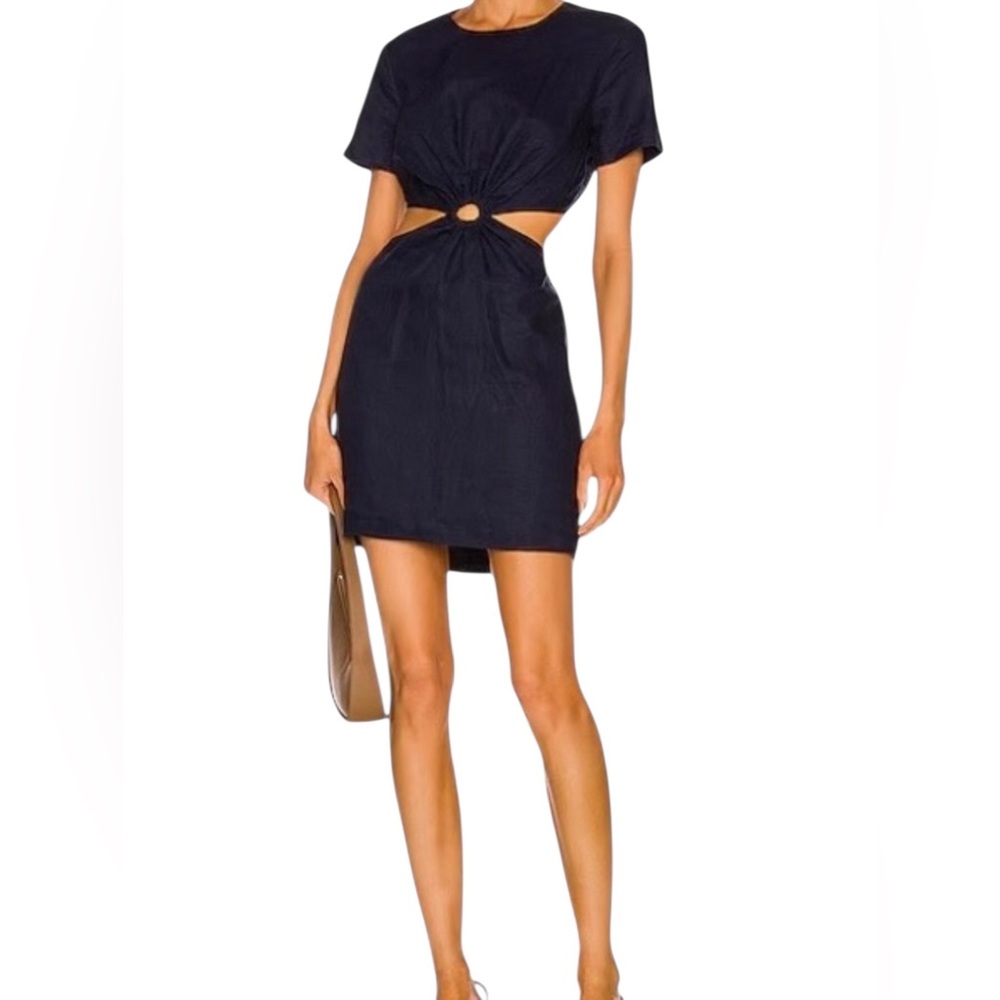 Staud Epona Linen Short Sleeve Circle Ring Cut-Out Mini Dress, Size S